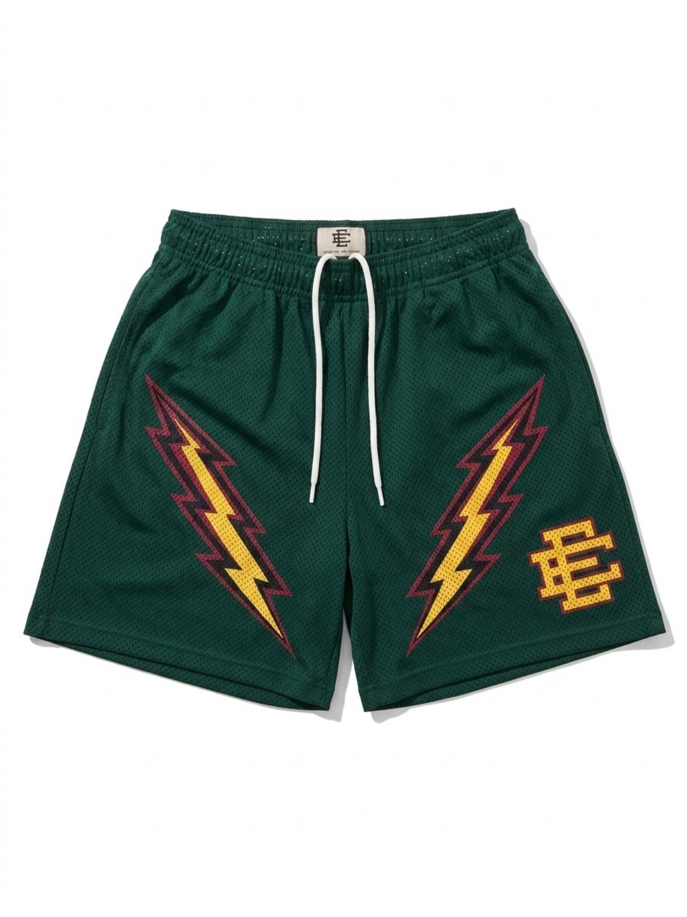Eric Emanuel Forest Green Mesh Shorts with Yellow & Maroon Lightning